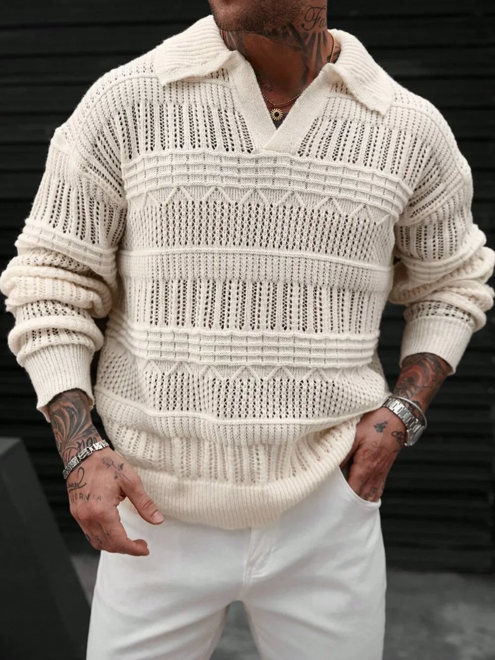 Multicolor Casual Men's Loose Drop Sleeve Rib-Knit Hollow Out Sweater